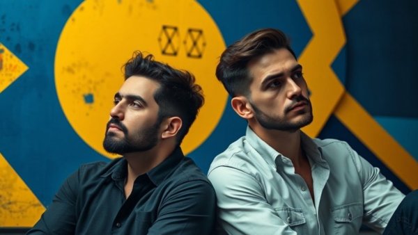 Conceptual art of a friendship, two men, abstract background.