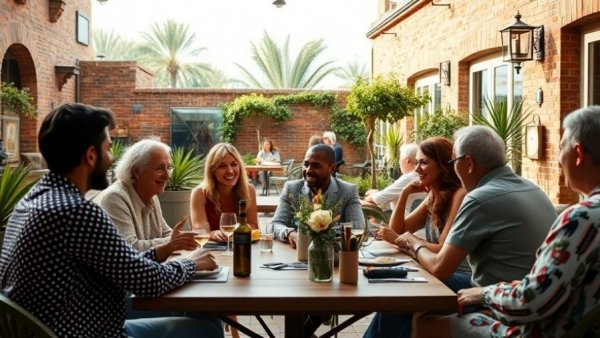 People enjoying outdoor dining, showcasing global work and travel opportunities.