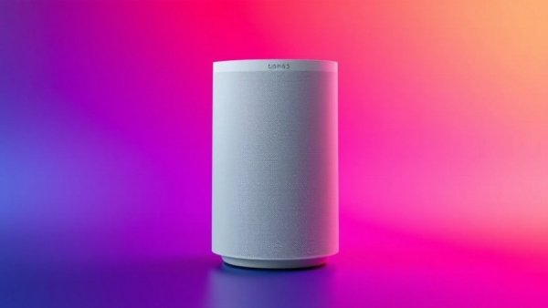 White Sonos Play speaker on a colorful gradient background.