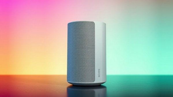 Sonos Play portable speaker on multicolored background.