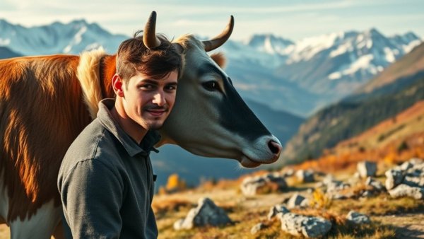 Man with a cow wearing solar-powered collar in mountain landscape