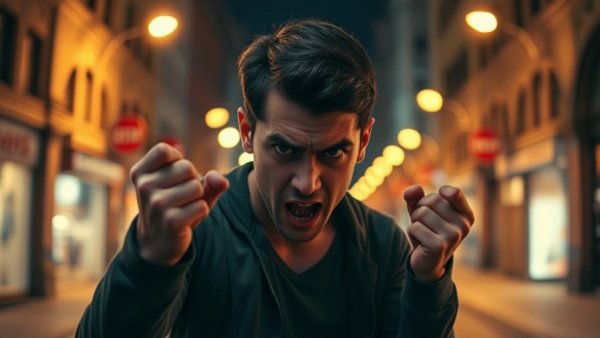 Night confrontation scene depicting frustration on an urban street.