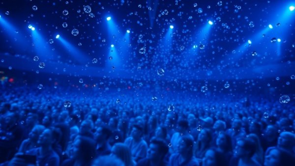Surreal image of crowd under floating water droplets, depicting Gulf water desalination security.