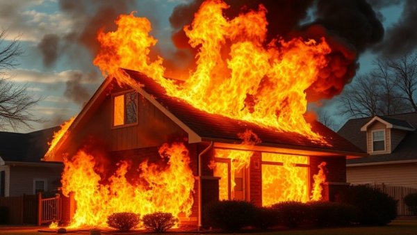 Fire safety tips for homeowners: House engulfed in flames and smoke.