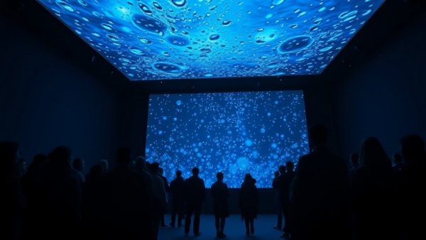 People observing giant water droplets projection, digital art, blue hue.