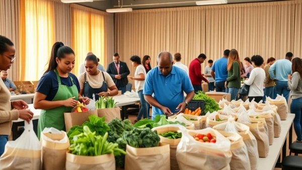 Community volunteers organizing fresh produce at a local event for grocery access in Macon.