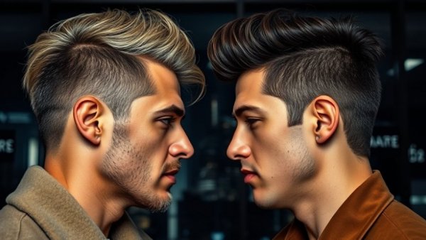 Two men in a photorealistic style facing each other, emphasizing contrast