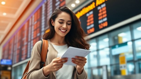 Woman checking ticket at airport for Iberia Reward Seats with Avios