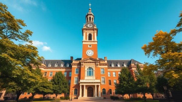 Majestic historic building with clock tower against blue sky.