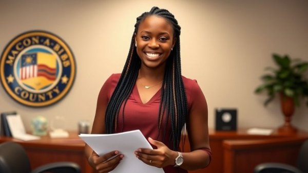 Smiling woman in office with Macon-Bibb County emblem, holding documents.