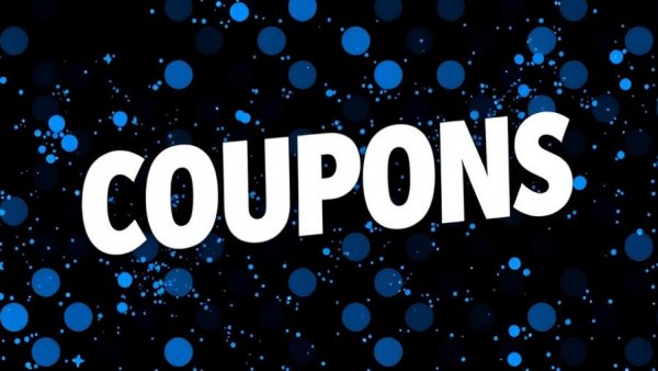 Bold 'COUPONS' text with blue polka dot pattern.