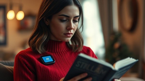 AI wearable technology on red sweater while reading indoors