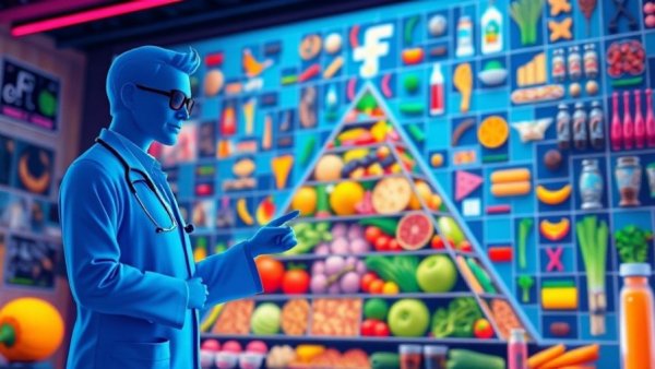 Graphic depiction of a blue silhouette doctor with food pyramid, highlighting privacy concerns with AI technology.