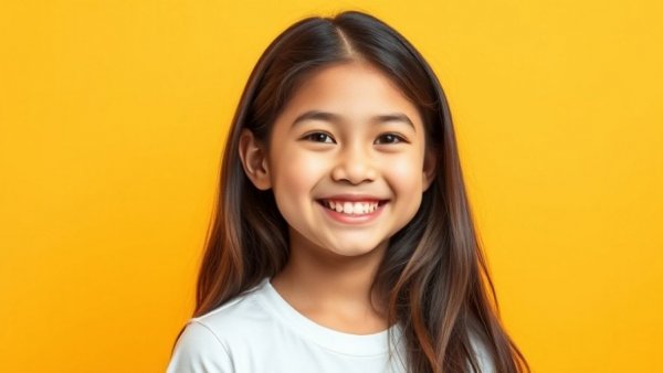 Confident young girl smiling against yellow background, promoting dental health.