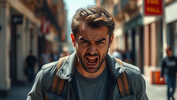Frustrated man showing emotion on an urban street in daylight.