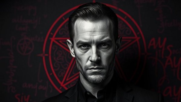 Ominous monochrome portrait with pentagram background.