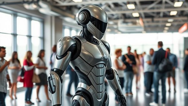 Futuristic humanoid robot indoors, buyers observe, buy humanoid robot on AliExpress.