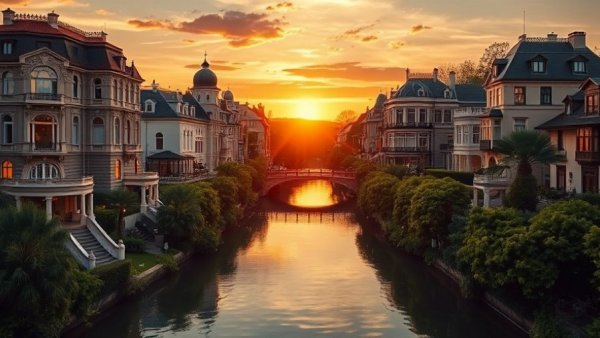 Extravagant NYC ultra-luxury market homes at sunset by a river.