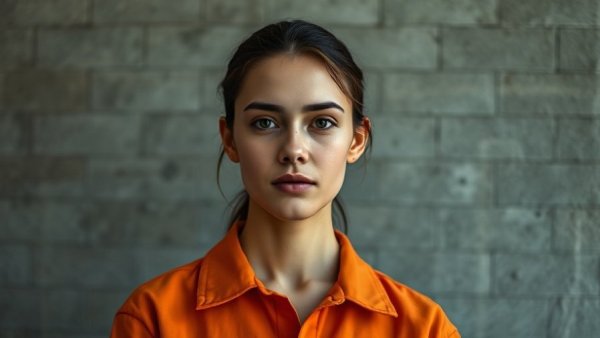 Woman in an orange jumpsuit with a serious expression, celebrity news.