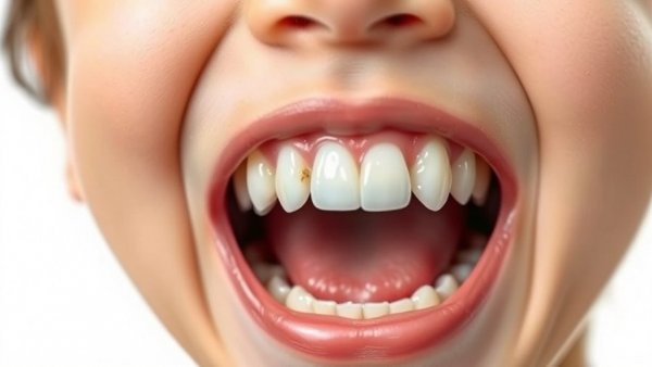 Close-up of child showing dental crown with open mouth.