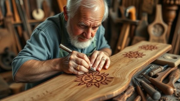 Artisan carving wood in a New Zealand cultural workshop.