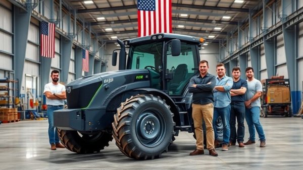 Group with an autonomous electric tractor showcasing latest tech trends.