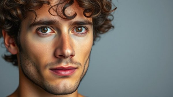 Close-up portrait of a man with curly hair, neutral expression.