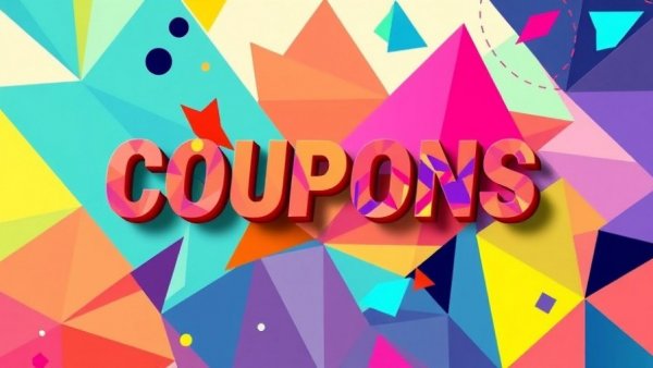 Colorful 'COUPONS' graphic with geometric patterns.