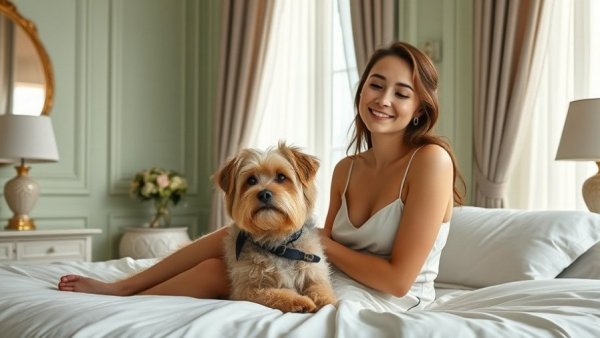 Young woman relaxing on bed with dog, exploring celibacy