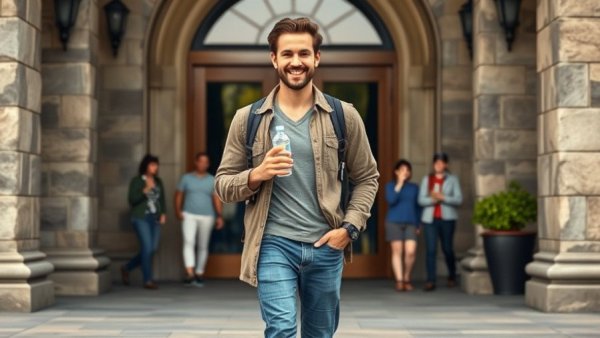 Man smiling at stone entrance, suggests human verification technology meeting.