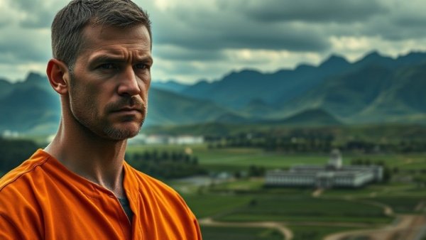 Man in orange prison uniform with mountain prison backdrop.