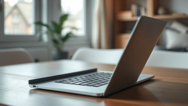 Modern laptop angled view on wooden table for Asus TUF Gaming A14 review 2026.