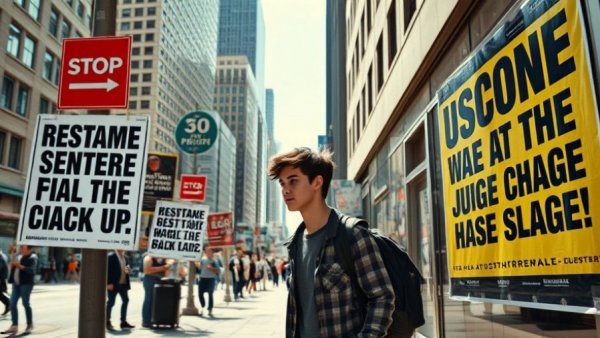 Urban scene with protest posters addresses OpenAI acquisitions 2026.