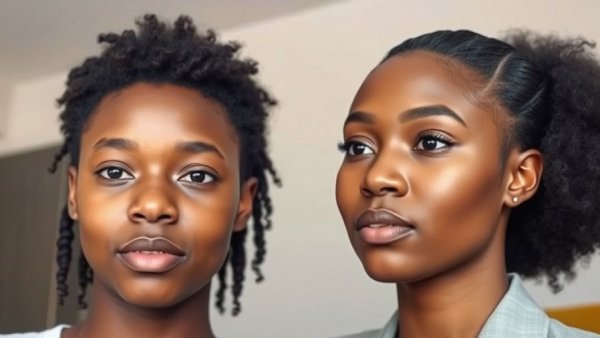 Composite of two individuals with contrasting skin tones and hairstyles.