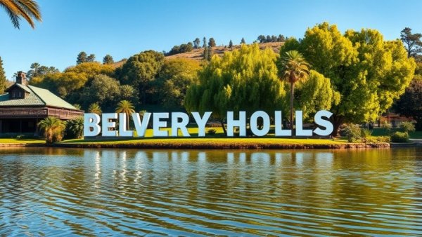 Iconic Beverly Hills sign by a pond, lush greenery, serene setting.
