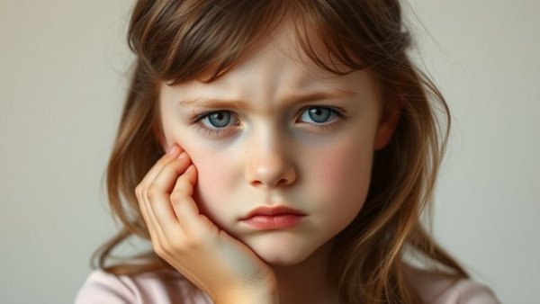 Young girl in discomfort touching her cheek, related to kids dentist root canal treatment.