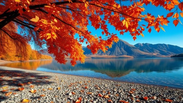 Autumn in Wānaka: Serene lake and vibrant foliage reflecting mountains.
