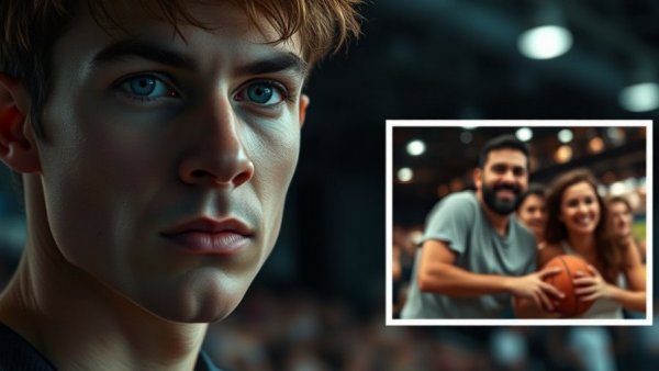 Serious young man with couple inset at sports event, Celebrity news