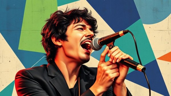 Retro-styled singer performing in vibrant collage art, Bruno Mars partnership.