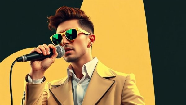 Stylized image of a performer with modern graphics and futuristic orb.