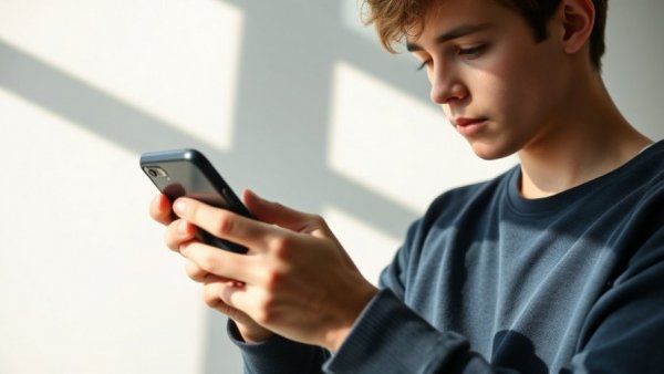Child focused on smartphone with social media context.