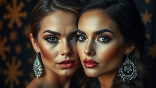 Glamorous close-up of two women with elegant earrings, photo-realistic.