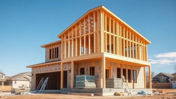Construction site with wooden framing highlighting benefits of rebuilding a home from scratch.