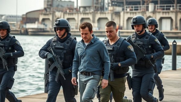 Officers escort individuals near waterfront, highlighting tension.