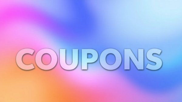 Colorful gradient coupon text with bold colors.