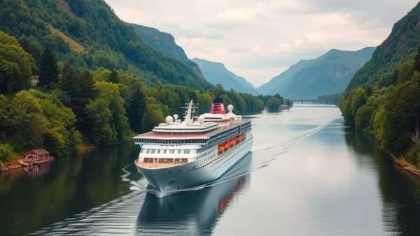 Lord of the Highlands cruise ship in canal with scenic highland backdrop.