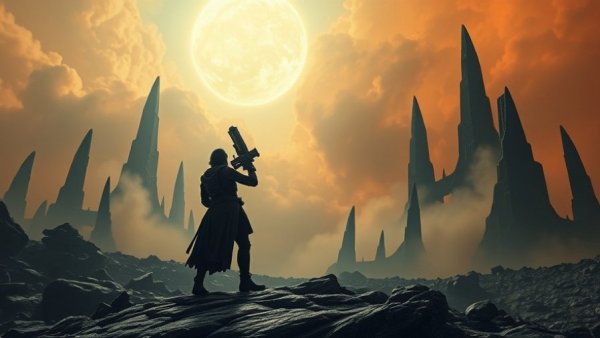 Futuristic warrior in a dystopian landscape with celestial backdrop