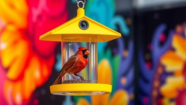 Vibrant smart bird feeder with cardinal, modern design.