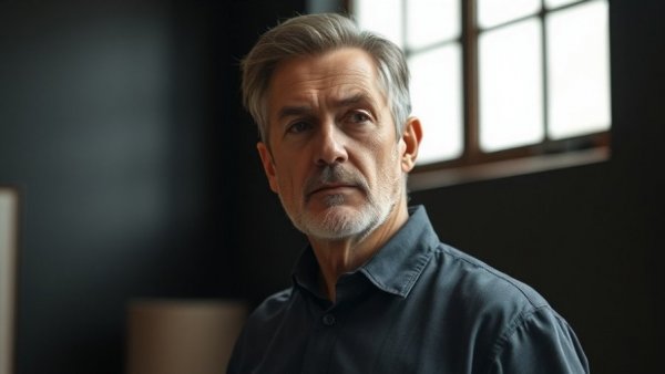 Thoughtful middle-aged man in soft light indoors, superlearners in AI.