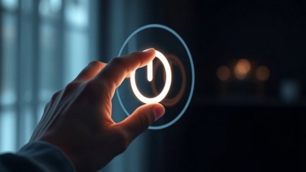 Hand interacting with a glowing power icon symbolizing smart home technology.